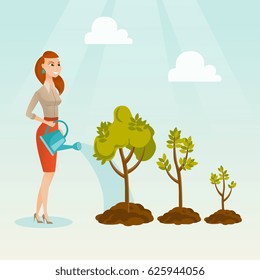 Caucasian business woman watering trees of three sizes. Young business woman watering plants with watering can. Business growth and investment concept. Vector flat design illustration. Square layout.