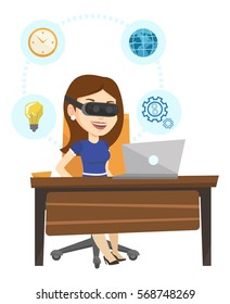 Caucasian business woman wearing virtual reality headset and working on a computer. Business woman using virtual reality device in office. Vector flat design illustration isolated on white background.