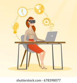 Caucasian business woman wearing virtual reality headset and working on a computer. Young smiling business woman using virtual reality device in the office. Vector cartoon illustration. Square layout.