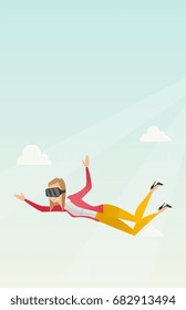 Caucasian business woman wearing virtual reality headset and flying in the sky. Woman in virtual reality device having fun while flying in virtual reality. Vector cartoon illustration. Vertical layout