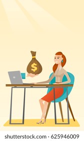 Caucasian business woman working in office and bag of money coming out of laptop. Woman earning money from online business. Online business concept. Vector flat design illustration. Vertical layout.