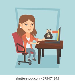 Caucasian business woman working in office and bag of money coming out of a laptop. Young woman earning money from online business. Online business concept. Vector cartoon illustration. Square layout.