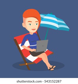 Caucasian business woman working on the beach. Business woman sitting in chaise lounge under beach umbrella. Business woman using laptop on the beach. Vector flat design illustration. Square layout.