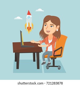 Caucasian business woman working on a laptop and looking at the rocket. Young business woman working on a new business start up. Business start up concept. Vector cartoon illustration. Square layout.
