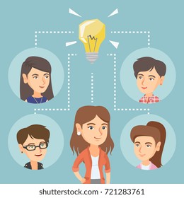 Caucasian business women working on business idea. Young business women discussing idea. Group of business women connected by one idea light bulb. Vector cartoon illustration. Square layout.