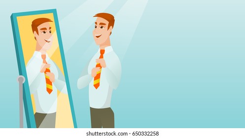 Caucasian businessman adjusting tie in front of the mirror. Business man looking at himself in the mirror. Man checking his appearance in the mirror. Vector flat design illustration. Horizontal layout