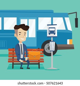 Caucasian businessman with briefcase waiting for a bus at the bus stop. Young businessman sitting at the bus stop. Man sitting on a bus stop bench. Vector flat design illustration. Square layout.