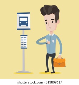 Caucasian businessman with briefcase waiting for a bus at the bus stop. Young man standing at the bus stop. Man looking at his watch at the bus stop. Vector flat design illustration. Square layout.