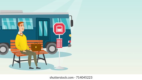 Caucasian businessman with briefcase waiting for a bus at the bus stop. Young businessman sitting at the bus stop. Happy man sitting on a bus stop bench. Vector cartoon illustration. Horizontal layout