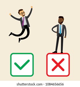 Caucasian businessman with chooses green yes and jump,sad african american male with red no checkbox,color checkboxes selection,concept of right choice,flat vector illustration