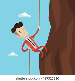 Caucasian businessman climbing on the rock. Young brave man wearing business suit trying to reach the top of the mountain. Concept of business challenge. Vector flat design illustration. Square layout