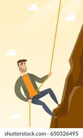 Caucasian businessman climbing on the rock. Young brave businessman climbing on the top of the mountain using rope. Concept of business challenge. Vector flat design illustration. Vertical layout.