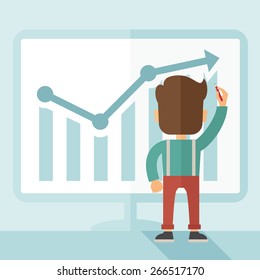 A Caucasian businessman facing backward standing infront of his chart holding a pen illustrating his marketing sales. Business growth concept. A contemporary style with pastel palette soft blue tinted