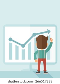 A Caucasian businessman facing backward standing infront of his chart holding a pen illustrating his marketing sales. Business growth concept. A contemporary style with pastel palette soft blue tinted