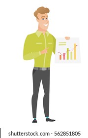 Caucasian businessman giving business presentation and showing financial chart. Full length of business man pointing at financial chart. Vector flat design illustration isolated on white background.