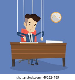 Caucasian businessman hanging on strings like a puppet. Young businessman marionette on ropes sitting at the table in office. Emotionless man working. Vector flat design illustration. Square layout.