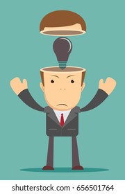 A Caucasian businessman has a bright idea for marketing strategy with a bulb on his head. Human intelligence concept. A contemporary style with pastel palette, tinted background