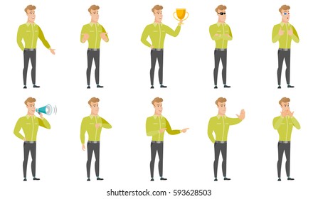 Caucasian businessman with his hand in his pocket. Full length of young happy businessman holding his hand in the pocket of pants. Set of vector flat design illustrations isolated on white background.