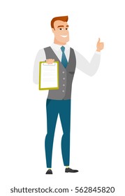 Caucasian businessman holding clipboard and giving thumb up. Full length of businessman with clipboard. Businessman showing clipboard. Vector flat design illustration isolated on white background.