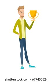 Caucasian businessman holding golden trophy. Full length of young businessman with trophy. Happy businessman celebrating with trophy. Vector flat design illustration isolated on white background.