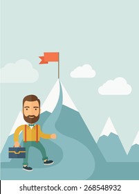 A Caucasian businessman holding his bag will climb up to top of the mountain to achieve success by holding the red flag. Willingness, leadership concept. A Contemporary style with pastel palette, soft