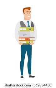 Caucasian businessman holding pile of folders and papers. Full length of businessman with folders. Young businessman with folders and files. Vetor flat design illustration isolated on white background