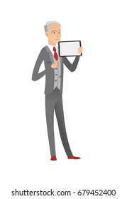 Caucasian businessman holding tablet computer. Gray senior businessman pointing at tablet computer. Businessman with a tablet computer. Vector flat design illustration isolated on white background.