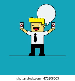 Caucasian businessman holding two take away coffee cups in hands. Cartoon Character.