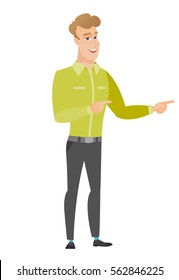 Caucasian businessman indicating with two fingers to the side. Full length of cheerful businessman pointing with tow fingers to the side. Vector flat design illustration isolated on white background.