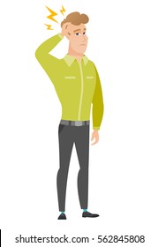 Caucasian businessman with lightning over head. Full length of businessman with lightning. Confident businessman standing under lightning. Vector flat design illustration isolated on white background.