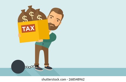 A Caucasian businessman locked in a debt ball in chain for commiting crime in tax ivasion. Debt concept. A Contemporary style with pastel palette, soft blue tinted background. Vector flat design