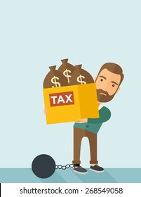 A Caucasian businessman locked in a debt ball in chain for commiting crime in tax ivasion. Debt concept. A Contemporary style with pastel palette, soft blue tinted background. Vector flat design