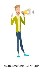 Caucasian businessman with loudspeaker making an announcement. Young businessman making an announcement through a loudspeaker. Vector flat design illustration isolated on white background.