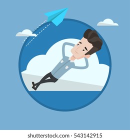 Caucasian businessman lying on a cloud and looking at flying paper plane. Young businessman relaxing on a cloud. Vector flat design illustration in the circle isolated on background.