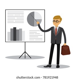 Caucasian Businessman is making a presentation,graph and chart,isolated on white background,vector illustration