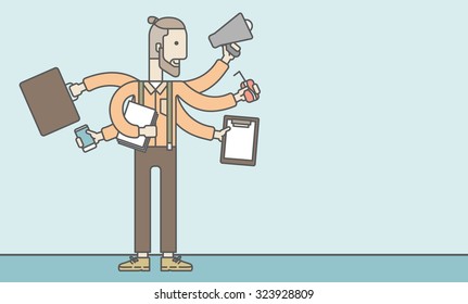 A caucasian businessman with many hands confused having a lot to do. Vector line design illustration. Horizontal layout with a text space.