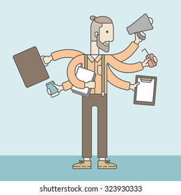 A caucasian businessman with many hands confused having a lot to do. Vector line design illustration. Square layout.