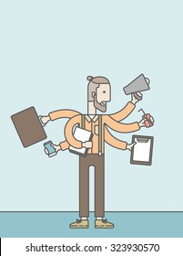 A caucasian businessman with many hands confused having a lot to do. Vector line design illustration. Vertical layout with a text space.