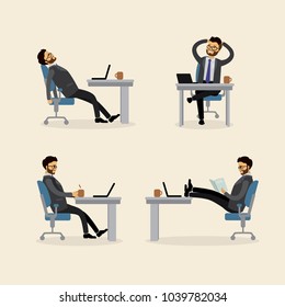 Caucasian Businessman or office worker in the workplace in various poses,male from different sides,flat vector illustration.