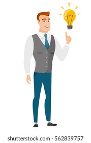 Caucasian businessman pointing at business idea light bulb. Full length of businessman having a business idea. Business idea concept. Vector flat design illustration isolated on white background.