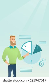 Caucasian businessman pointing at pie chart during presentation. Businessman explaining pie chart. Businessman giving presentation with pie chart. Vector flat design illustration. Vertical layout.