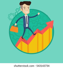 Caucasian businessman running along the growth graph. Businessman moving to success and business growth. Business growth concept. Vector flat design illustration in the circle isolated on background.