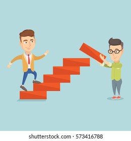Caucasian businessman runs up the career ladder while another man builds this ladder. Businessman climbing the career ladder. Concept of business career. Vector flat design illustration. Square layout