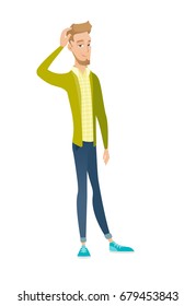 Caucasian businessman scratching head. Young thoughtful businessman scratching his head. Puzzled businessman scratching his head. Vector flat design illustration isolated on white background.