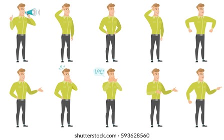 Caucasian businessman scratching his head. Full length of businessman scratching head. Puzzled businessman scratching his head. Set of vector flat design illustrations isolated on white background.