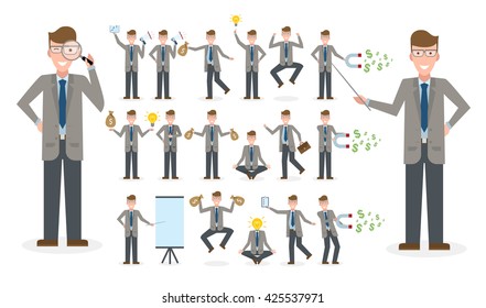 Caucasian businessman set. Isolated set of businessman on white background. Clipboard, pointer, money bag, speaker, magnet. Active and professiaonal businessman. Multitasking.