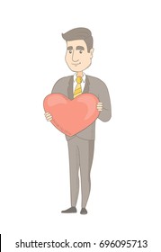 Caucasian businessman showing a big heart. Full length of young businessman with heart shape. Happy businessman holding a red heart. Vector sketch cartoon illustration isolated on white background.