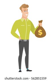Caucasian businessman showing money bag with dollar sign. Full length of young businessman with money bag. Businessman holding money bag. Vector flat design illustration isolated on white background.