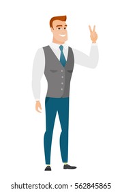 Caucasian businessman showing the victory gesture. Businessman showing the victory sign with two fingers. Businessman with victory gesture. Vector flat design illustration isolated on white background