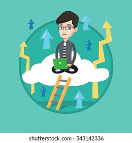 Caucasian businessman sitting on a cloud and working on laptop. Man using cloud computing technology. Cloud computing concept. Vector flat design illustration in the circle isolated on background.
